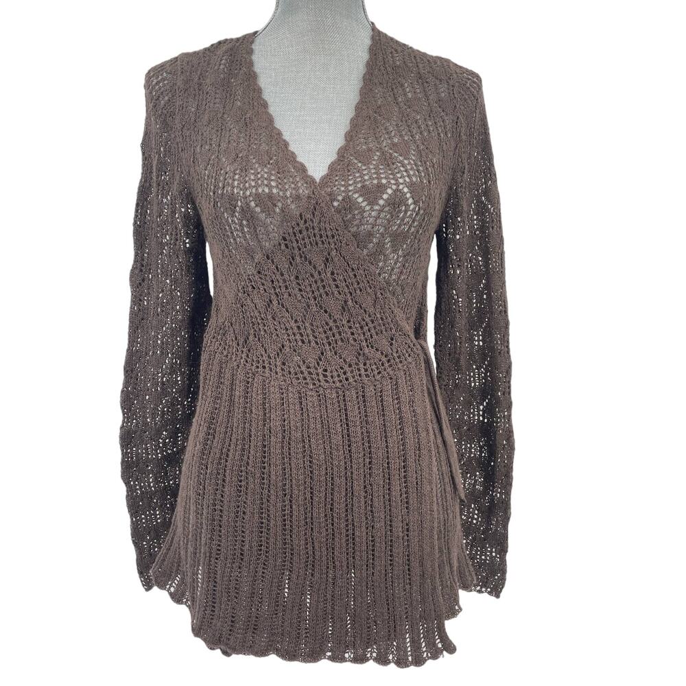 Beyond Threads Open Knit Alpaca Wrap Sweater V-Neck Size Medium Brown